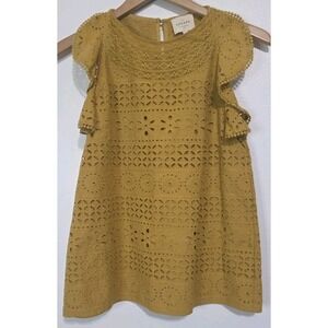 Sézane Eyelet Cotton Ruffle Blouse Top Yellow Key Hole 38 Crochet Boho Cottage